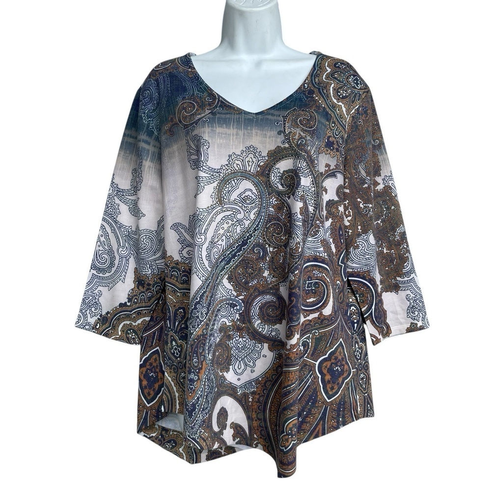 FRENCH BLUE Paisley Studded Tunic Top V-Neck Multicolor 3/4 Sleeves Blouse Sz XL
